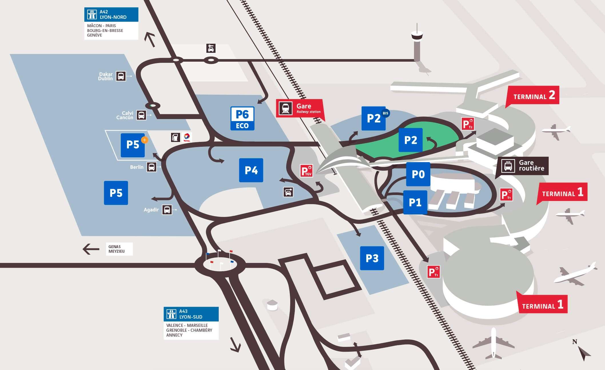 Localisation du parking P2 officiel Lyon Aéroport