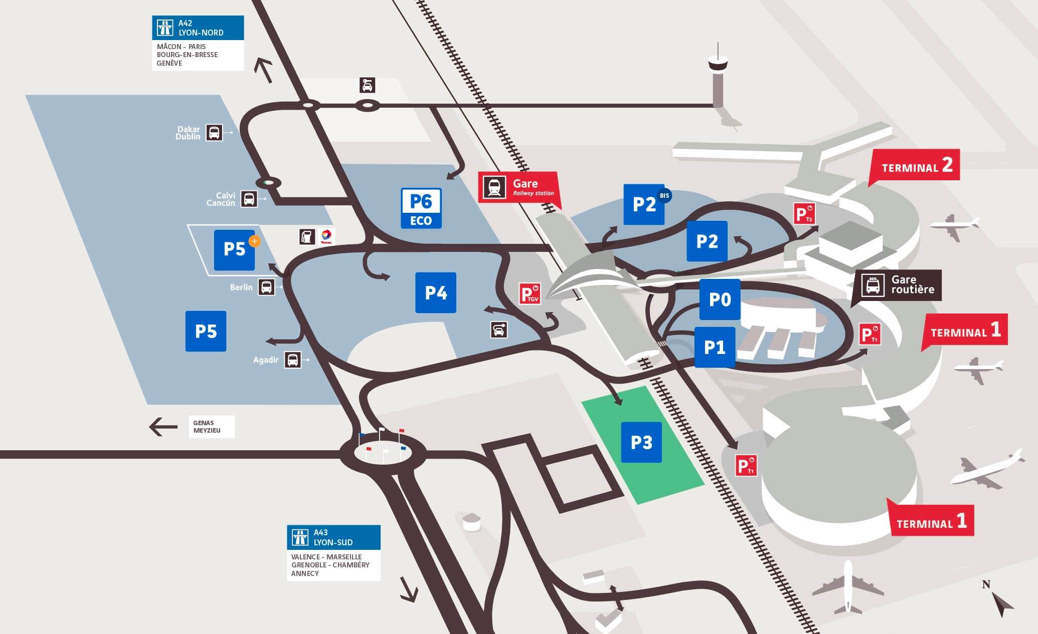 Localisation du parking P3 électrique officiel Lyon Aéroport